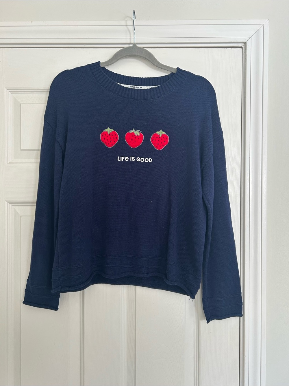 Life Is Good Navy Crewneck Sweater with Red Strawberry Motif